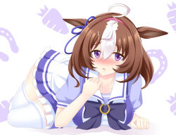 Rule 34 | 1girl, ahoge, animal ears, blush, bow, breasts, brown hair, commentary request, ear ribbon, gurukorian, hair between eyes, horseshoe print, large breasts, looking at viewer, meisho doto (umamusume), open mouth, pleated skirt, puffy short sleeves, puffy sleeves, purple bow, purple eyes, purple ribbon, purple skirt, ribbon, school uniform, short sleeves, simple background, skirt, solo, summer uniform, thighhighs, tracen school uniform, umamusume, white background, white skirt, white thighhighs
