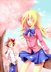 Rule 34 | 1boy, 1girl, alternate costume, bag, blazer, blonde hair, blue bow, blue bowtie, blue pants, blue skirt, blush, bow, bowtie, breasts, brown hair, cherry blossoms, cowboy shot, dark magician girl, duel monster, dyed bangs, highres, jacket, large breasts, long sleeves, looking at viewer, multicolored hair, no headwear, nobuda, one eye closed, open mouth, pants, petals, pouch, school bag, school uniform, shirt, skirt, spiked hair, two-tone hair, white shirt, yami yugi, yu-gi-oh!