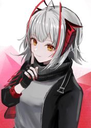 Rule 34 | 1girl, antenna hair, antennae, arknights, arm at side, azuazu 0405, belt buckle, black gloves, black jacket, blouse, buckle, dutch angle, finger to mouth, fingerless gloves, from side, gloves, grey hair, grey shirt, highres, horns, index finger raised, jacket, light smile, long sleeves, looking at viewer, nail polish, parted lips, red background, red nails, scarf, shirt, short hair, shushing, solo, strap, upper body, w (arknights), white background, yellow eyes
