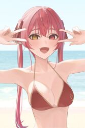 Rule 34 | 1girl, beach, bikini, breasts, cleavage, collarbone, day, double v, hair ribbon, heterochromia, highres, hololive, houshou marine, houshou marine (summer), large breasts, long hair, looking at viewer, ocean, ootsuka you, open mouth, outdoors, red bikini, red eyes, red hair, red ribbon, ribbon, sand, smile, solo, swimsuit, twintails, upper body, v, v over eye, virtual youtuber, yellow eyes