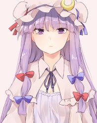 Rule 34 | 1girl, blue bow, blue ribbon, blush, bow, breasts, capelet, cleavage, commentary, crescent, crescent hair ornament, dress, grey background, hair bow, hair ornament, hat, hat ribbon, long hair, long sleeves, miyo (ranthath), mob cap, neck ribbon, patchouli knowledge, purple capelet, purple dress, purple eyes, purple hair, purple hat, purple ribbon, red bow, red ribbon, ribbon, sidelocks, simple background, small breasts, solo, touhou, upper body, very long hair