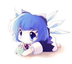 Rule 34 | 1girl, barefoot, blue eyes, blue hair, bow, chibi, cirno, drinking, drinking straw, hair bow, ice, ice wings, lying, matching hair/eyes, on stomach, short hair, solo, touhou, wings, yousei daisensou, yume shokunin
