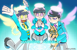Rule 34 | + +, 10s, 3boys, :3, angel wings, black hair, blue background, brothers, cat, esper nyanko, formal, gradient background, halo, heart, heart in mouth, kan (tofslan), male focus, matsuno ichimatsu, matsuno jyushimatsu, matsuno todomatsu, messy hair, multiple boys, nail polish, osomatsu-kun, osomatsu-san, osomatsu (series), own hands clasped, own hands together, panty &amp; stocking with garterbelt, parody, pink eyes, pink nails, purple eyes, purple nails, siblings, smile, style parody, suit, twitter username, wings, yellow eyes, yellow nails