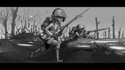 Rule 34 | army, backpack, bag, barbed wire, battle, bayonet, bolt action, boots, dark-skinned female, dark skin, erica (naze1940), explosion, gloves, greyscale, gun, helmet, highres, holding, holding weapon, leg wrap, letterboxed, military, military uniform, monochrome, mud, multiple girls, original, puttees, rifle, running, soldier, uniform, united states, war, weapon, world war i