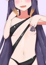 Rule 34 | 1girl, absurdres, artist request, blush, breasts, censored, censored nipples, collarbone, flashing, highres, hololive, hololive english, long hair, navel, ninomae ina&#039;nis, novelty censor, purple hair, small breasts, smile, solo, swimsuit, tentacle hair, virtual youtuber