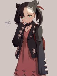 Rule 34 | 1girl, asymmetrical bangs, backpack, bag, black choker, black hair, black jacket, blush, choker, closed mouth, commentary request, creatures (company), dated, dress, earrings, eyelashes, game freak, green eyes, hair ribbon, hand up, highres, jacket, jewelry, long sleeves, looking at viewer, marnie (pokemon), nintendo, open clothes, open jacket, pink dress, pokemon, pokemon swsh, red bag, red ribbon, ribbon, signature, sleeves past wrists, solo, twintails, yamamori kinako