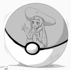 Rule 34 | 1girl, creatures (company), dated, flying sweatdrops, game freak, greyscale, hat, in poke ball, lamb-oic029, lillie (pokemon), monochrome, nintendo, open mouth, poke ball, poke ball (basic), pokemon, pokemon sm, signature, simple background, solo, sun hat, trapped, white background, wide-eyed