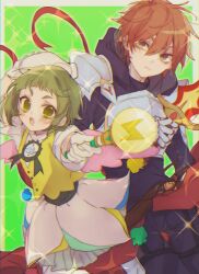 Rule 34 | 1boy, 1girl, absurdres, armor, border, brown eyes, closed mouth, expressionless, green eyes, green hair, grey background, highres, holding, holding sword, holding wand, holding weapon, kajiyama fuuta, kao ru05, milgram, momose amane, open mouth, red hair, short hair, sword, teeth, wand, weapon, white border