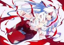 Rule 34 | &gt;:(, 1girl, bow, breasts, clenched hands, commentary request, fujiwara no mokou, grey background, hair bow, highres, ikurauni, long hair, looking at viewer, ofuda, pants, red eyes, red pants, shirt, silver hair, simple background, small breasts, solo, stomach, topless, torn clothes, torn shirt, touhou, v-shaped eyebrows, white bow