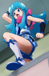 Rule 34 | 10s, 1girl, :o, alternate costume, ankle boots, arm warmers, bare shoulders, blue bow, blue eyes, blue hair, boots, bow, from below, happinesscharge precure!, haruyama kazunori, long hair, matching hair/eyes, ninja, open mouth, pink scarf, precure, sandals, scarf, shirayuki hime, shorts, solo, standing, tareme, thighs, vest, wrist cuffs