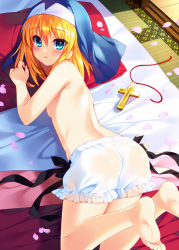 Rule 34 | 1girl, ass, back, bare legs, barefoot, bed, bed sheet, black ribbon, blanket, blonde hair, bloomers, blue eyes, blush, breasts, bucchake (asami), convenient arm, cross, day, feet, frills, from behind, habit, hair between eyes, indoors, legs up, looking at viewer, looking back, lying, on bed, on stomach, parted lips, petals, pillow, ribbon, see-through, sengoku otome, short hair, sliding doors, small breasts, soles, solo, tatami, the pose, toes, topless, underwear