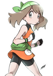 Rule 34 | 1girl, absurdres, ayakadegozans, bandana, bare arms, bike shorts, brown hair, collared dress, commentary request, creatures (company), dress, eyelashes, fanny pack, game freak, gloves, green bag, green bandana, grey eyes, highres, kneepits, looking at viewer, looking back, may (pokemon), nintendo, orange dress, pokemon, pokemon emerald, pokemon rse, short dress, signature, simple background, solo, white background