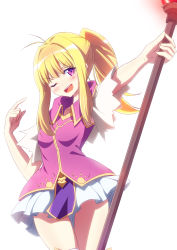 Rule 34 | 1girl, :d, antenna hair, arm up, blonde hair, blush, boots, breasts, clarine, collarbone, collared shirt, commentary, cowboy shot, fire emblem, fire emblem: the binding blade, glowing, glowing staff, hand up, highres, holding, holding staff, index finger raised, long hair, looking at viewer, minamonochaba, miniskirt, nintendo, one eye closed, open mouth, outstretched arm, pelvic curtain, pink shirt, pleated skirt, pointing, pointing at self, ponytail, purple eyes, shirt, short sleeves, simple background, skirt, small breasts, smile, solo, staff, standing, teeth, thigh boots, thigh gap, thighs, upper teeth only, v-shaped eyebrows, white background, white footwear, white skirt, wide sleeves
