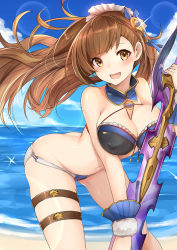 Rule 34 | 10s, 1girl, beach, beatrix (granblue fantasy), bikini, black bikini, blush, bow, breasts, brooch, brown eyes, brown hair, cloud, cowboy shot, day, gluteal fold, granblue fantasy, groin, hair bow, hair ornament, halterneck, jewelry, large breasts, leaning forward, long hair, looking at viewer, luse maonang, md5 mismatch, navel, open mouth, outdoors, ponytail, sky, smile, solo, stomach, swimsuit, sword, thigh strap, thighs, water, weapon