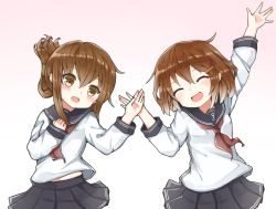 Rule 34 | 10s, 2girls, :d, arm up, bad id, bad pixiv id, black legwear, blush, brown eyes, brown hair, closed eyes, fang, flat cap, folded ponytail, hair ornament, hairclip, hat, highres, holding hands, ikazuchi (kancolle), imyu, inazuma (kancolle), kantai collection, long hair, looking at viewer, multiple girls, neckerchief, open mouth, red neckerchief, school uniform, serafuku, smile