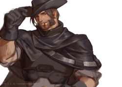 Rule 34 | 1boy, armor, artist name, black gloves, blackwatch cassidy, cassidy (overwatch), chest armor, cigar, cowboy hat, et.m, facial hair, gloves, hat, male focus, official alternate costume, overwatch, overwatch 1, poncho, sideburns, simple background, smile, solo, white background