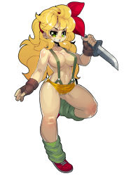 Rule 34 | 1girl, absurdres, blonde hair, breasts, collarbone, curly hair, dark persona, dragon ball, fengmo, gloves, green eyes, hair ribbon, hairband, highres, knife, long hair, loose socks, lunch (bad) (dragon ball), lunch (dragon ball), medium breasts, midriff, navel, ribbon, shorts, socks, solo, stomach, suspenders, weapon, white background