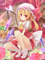Rule 34 | 1girl, aibumi, bad id, bad pixiv id, blonde hair, bobby socks, bug, butterfly, flandre scarlet, flower, hat, highres, insect, long hair, pen-zin, red eyes, side ponytail, skirt, skirt set, smile, socks, solo, squatting, stuffed animal, stuffed toy, teddy bear, thighs, touhou, white socks, wings