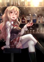 Rule 34 | 1girl, absurdres, alcohol, baileys (tranquillity650), blush, brown eyes, collared shirt, crossed legs, cup, drinking glass, grey hair, hair between eyes, highres, holding, holding cup, kantai collection, long hair, long sleeves, open mouth, pleated skirt, pola (kancolle), shirt, skirt, solo, thighhighs, wavy hair, white shirt, white thighhighs, wine, wine glass