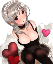 Rule 34 | 1girl, :o, bad id, bad pixiv id, blush, breast hold, breasts, choker, cushion, elbow gloves, frills, from above, gloves, heart, kinugasa yuuichi, large breasts, legs up, looking up, maid, maid headdress, multicolored eyes, original, panties, pantyshot, silver hair, simple background, sitting, solo, thighhighs, underwear