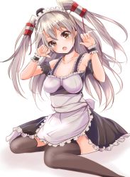 Rule 34 | 10s, 1girl, alternate costume, amatsukaze (kancolle), apron, black dress, black thighhighs, breasts, brown eyes, choker, collarbone, commentary, dress, enmaided, grey hair, hair tubes, highres, kantai collection, long hair, looking at viewer, maid, maid apron, maid headdress, medium breasts, off shoulder, open mouth, puffy short sleeves, puffy sleeves, short sleeves, sitting, solo, thighhighs, two side up, velia, waist apron, wrist cuffs, zettai ryouiki