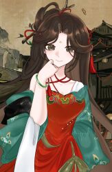 Rule 34 | 1girl, absurdres, bird, bracelet, brown eyes, brown hair, chinese clothes, dress, facial mark, forehead mark, hair ornament, highres, huadian, indoors, jewelry, jiu niangzi, long hair, looking at viewer, luocha i love china i am chinese, red dress, reverse:1999, smile, solo, tassel, upper body