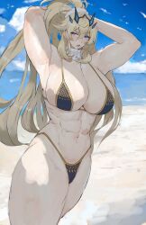 Rule 34 | 1girl, abs, armpits, arms behind head, arms up, bare shoulders, barghest (fate), barghest (ice warrior) (fate), biceps, bikini, black bikini, blonde hair, blue eyes, blue sky, blush, breasts, cleavage, fate/grand order, fate (series), hair ornament, hair scrunchie, heterochromia, high ponytail, highleg, highleg bikini, highres, horns, large breasts, long hair, looking at viewer, memory342, muscular, muscular female, navel, open mouth, red eyes, scarf, scrunchie, sidelocks, sky, small head, solo, swimsuit, thick thighs, thighs, white scarf