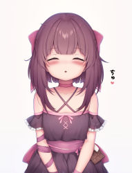 Rule 34 | 1girl, absurdres, arm ribbon, bag, black dress, blush, bow, brown hair, chocolate, choker, closed eyes, commentary request, criss-cross halter, dress, facing viewer, fallenshadow, flat chest, food-themed ornament, frills, hair bow, halter dress, halterneck, highres, indie virtual youtuber, kiss, lips, non-web source, open mouth, own hands together, petite, pink bow, pink choker, pink ribbon, pursed lips, ribbon, ribbon choker, short hair, short sleeves, sidelocks, single wrist cuff, solo, tousaki (tousakiworks), virtual youtuber, waist bow, waiting for kiss, wrist cuffs