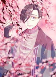 Rule 34 | 1boy, :d, ahoge, black gloves, blurry, branch, brown hair, brown kimono, brown shirt, cherry blossoms, depth of field, dress shirt, fang, fate/grand order, fate (series), flower, glasses, gloves, green jacket, hair over one eye, hair pulled back, hand up, haori, highres, jacket, japanese clothes, kimono, looking at viewer, male focus, open mouth, partially fingerless gloves, pink flower, purple eyes, shirt, short hair, smile, solo, teeth, upper body, upper teeth only, yamanami keisuke (fate), yellow-framed eyewear, yuuki aoi (aoi town)