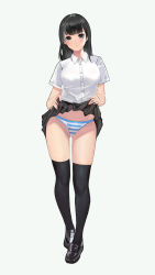 Rule 34 | 1girl, black footwear, black hair, black skirt, black thighhighs, blue eyes, blue panties, blush, bobobong, breasts, cameltoe, closed mouth, clothes lift, collared shirt, commentary, contrapposto, frown, full body, grey background, groin, highres, lifting own clothes, long hair, looking at viewer, medium breasts, miniskirt, nail polish, original, panties, pink nails, pleated skirt, school uniform, shirt, shirt tucked in, shoes, short sleeves, simple background, skirt, skirt lift, solo, standing, straight hair, striped clothes, striped panties, thighhighs, thighs, two-tone panties, underwear, white panties, white shirt, wing collar, zettai ryouiki