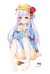 Rule 34 | 1girl, absurdres, aged down, alternate breast size, azur lane, bad id, bad pixiv id, blue eyes, blue shirt, blush, bow, dated, food, full body, hand up, hat, highres, ice cream, ice cream cone, kindergarten uniform, knees up, long hair, long sleeves, looking at viewer, manjuu (azur lane), miaogujun, mole, mole under eye, no shoes, panties, parted lips, pigeon-toed, pleated skirt, sailor collar, school hat, shirt, shoukaku (azur lane), signature, silver hair, simple background, skirt, solo, spill, striped clothes, striped panties, thighhighs, underwear, very long hair, white background, white sailor collar, white thighhighs, yellow bow, yellow hat, yellow skirt