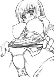 Rule 34 | 1girl, abu, breasts, greyscale, monochrome, nel zelpher, nipples, simple background, solo, square enix, star ocean, star ocean till the end of time, thighhighs