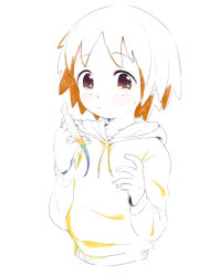 Rule 34 | 1girl, animal, animal on hand, blush, brown eyes, closed mouth, collarbone, cropped torso, dot nose, drawstring, from side, gecko, hands up, hood, hood down, hoodie, light brown hair, lizard, long sleeves, looking at viewer, looking to the side, nekopantsu (blt), original, partially colored, short hair, simple background, solo, sweat, tareme, upper body, white background, yellow hoodie