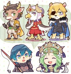 Rule 34 | animal crossing, animal ears, animalization, antlers, ascot, beak, blue hair, byleth (fire emblem), byleth (male) (fire emblem), cape, claude von riegan, company connection, deer ears, dimitri alexandre blaiddyd, dragon tail, earrings, edelgard von hresvelg, eyepatch, fake horns, feathered wings, fire emblem, fire emblem: three houses, frown, green hair, hooves, horned headwear, horns, jewelry, lion ears, lion tail, nintendo, rhea (fire emblem), tail, talons, teijiro, tiara, wings