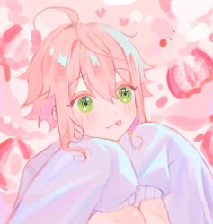 Rule 34 | 1boy, ahoge, androgynous, blue sweater, blush, ensemble stars!, food, fruit, green eyes, head rest, heart, himemiya tori, kaeh 12, long sleeves, male focus, multicolored background, pink background, pink hair, short hair, solo, strawberry, sweater, tongue, tongue out, white background