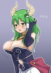 Rule 34 | 1girl, aura (sousou no frieren), aura (sousou no frieren) (cosplay), black gloves, black shirt, blush, breasts, character name, cleavage, clothing cutout, commentary request, cookie (touhou), cosplay, cowboy shot, cross, elbow gloves, facepaint, gloves, green eyes, green hair, grey background, hand in own hair, highres, jewelry, kochiya sanae, large breasts, long hair, navel, navel cutout, necklace, open mouth, outline, paseri (cookie), pura (aiueo256375), shirt, single hair tube, single sidelock, skirt, smile, solo, sousou no frieren, strapless, strapless shirt, touhou, white outline, white skirt