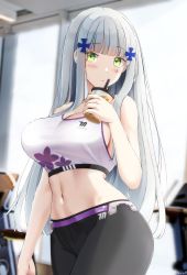 Rule 34 | 1girl, black pants, blush, breasts, bubble tea, cleavage, commission, crop top, cup, disposable cup, drinking straw, girls&#039; frontline, green eyes, grey hair, hair ornament, highres, hk416 (girls&#039; frontline), holding, holding cup, keenh, large breasts, long hair, looking at viewer, navel, pants, solo, sports bra, sweatpants, teardrop facial mark, teardrop tattoo, x hair ornament