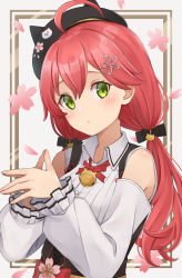 Rule 34 | 1girl, absurdres, ahoge, animal hat, bare shoulders, bell, black hat, blush, bodice, cat hat, cherry blossoms, clothing cutout, collared shirt, embarrassed, frilled sleeves, frills, green eyes, hair ornament, hairclip, hat, highres, hololive, jingle bell, long hair, long sleeves, low twintails, neck bell, neck ribbon, parted lips, puckered lips, puffy sleeves, red hair, red neckwear, ribbed shirt, ribbon, sakura miko, sakura miko (casual), shikinagi, shirt, shoulder cutout, steepled fingers, twintails, upper body, virtual youtuber, white shirt