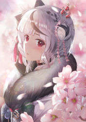 Rule 34 | 1girl, absurdres, black hair, blunt bangs, blush, braid, cherry blossoms, choker, finale, flower, fur collar, grey hair, hair bun, hair flower, hair ornament, hair ribbon, hairpin, highres, hololive, japanese clothes, kimono, looking at viewer, multicolored hair, official alternate costume, petals, pink flower, red eyes, ribbon, sakamata chloe, sakamata chloe (new year), seigaiha, side bun, single hair bun, single side bun, solo, streaked hair, upper body, virtual youtuber