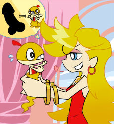 Rule 34 | 10s, 1girl, blonde hair, blue eyes, bracelet, censored, creatures (company), crossover, dress, earrings, evil grin, evil smile, female pervert, game freak, gen 5 pokemon, grin, heart, jewelry, long hair, necklace, neichii, nintendo, official style, outstretched arms, panty &amp; stocking with garterbelt, panty (psg), penis, pervert, pokemon, pokemon (creature), pokemon bw, pokephilia, red dress, scared, scraggy, smile, smirk, sweat, worried, you gonna get raped