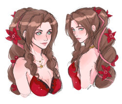 Rule 34 | 1girl, aerith gainsborough, aerith gainsborough (red dress), bare shoulders, braid, brown hair, commentary, dress, eiriseth, english commentary, eyeliner, eyeshadow, final fantasy, final fantasy vii, flower, green eyes, hair flower, hair ornament, highres, jewelry, long hair, looking at viewer, looking to the side, makeup, necklace, official alternate costume, pink eyeliner, pink lips, ponytail, profile, red dress, simple background, smile, solo, upper body, wall market, white background