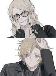 Rule 34 | 2boys, black jacket, black nails, blonde hair, coat, command spell, daybit sem void, fate/grand order, fate (series), hand on another&#039;s face, highres, i tami sumi, jacket, long hair, male focus, multiple boys, open clothes, open jacket, orange-tinted eyewear, shirt, short hair, simple background, sunglasses, tezcatlipoca (fate), tinted eyewear, trench coat, upper body, white background, white shirt