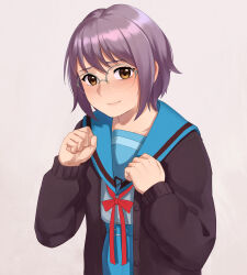 Rule 34 | 1girl, absurdres, blue sailor collar, blue skirt, bluepoodlez, blush, brown cardigan, brown eyes, cardigan, closed mouth, commentary, english commentary, glasses, highres, kita high school uniform, long sleeves, looking at viewer, nagato yuki, open cardigan, open clothes, purple hair, red ribbon, ribbon, sailor collar, school uniform, serafuku, short hair, simple background, skirt, smile, solo, suzumiya haruhi no shoushitsu, suzumiya haruhi no yuuutsu, upper body, white background, winter uniform