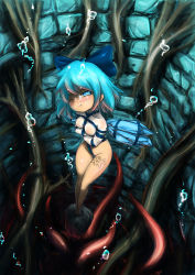 Rule 34 | 1girl, asphyxiation, bad id, bad pixiv id, bdsm, blue eyes, blue hair, bondage, bottomless, bound, bow, bubble, circled 9, cirno, drowning, hair bow, highres, holding breath, matching hair/eyes, one eye closed, peril, ribbon, rou, rou271, see-through, short hair, solo, straitjacket, tentacles, touhou, underwater, wings