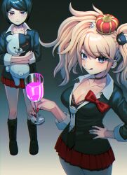 Rule 34 | :q, absurdres, bear hair ornament, black choker, black hair, blue eyes, blush, boots, breasts, choker, cleavage, closed mouth, collarbone, cosplay, crown, cup, danganronpa: trigger happy havoc, danganronpa (series), enoshima junko, enoshima junko (cosplay), esu (tasoesu), freckles, gradient background, hair ornament, hand on own hip, highres, holding, holding cup, ikusaba mukuro, large breasts, long hair, miniskirt, monokuma, nail polish, pleated skirt, red nails, red skirt, short hair, siblings, sisters, skirt, tongue, tongue out, twintails