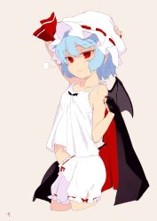 Rule 34 | 1girl, bare arms, bare shoulders, black cape, blue hair, camisole, cape, closed mouth, commentary request, contrapposto, cowboy shot, cropped legs, fang, fang out, fingernails, grey background, hand up, hat, hat ornament, highres, looking at viewer, mob cap, multicolored cape, multicolored clothes, nail polish, navel, red cape, red eyes, red nails, remilia scarlet, saryuu (iriomote), short hair, signature, simple background, solo, standing, touhou, white hat