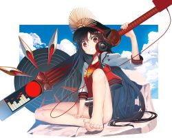 Rule 34 | 1girl, barefoot, bikini, bikini bottom only, black hair, buster shirt, cloud, day, fate/grand order, fate (series), feet, frilled bikini, frills, grin, guitar, hat, headphones, headphones around neck, highres, instrument, jacket, kagome (traumatize), long hair, oda nobunaga (fate), oda nobunaga (koha-ace), oda nobunaga (swimsuit berserker) (fate), oda nobunaga (swimsuit berserker) (first ascension) (fate), peaked cap, red eyes, sitting, sky, smile, soles, solo, swimsuit, toes