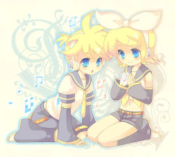 Rule 34 | 1boy, 1girl, bad id, bad pixiv id, blonde hair, blue eyes, bow, brother and sister, detached sleeves, headset, kagamine len, kagamine rin, midriff, musical note, navel, shorts, siblings, sokomushi, twins, vocaloid