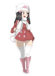 Rule 34 | 1girl, absurdres, bag, beanie, black eyes, black hair, blush, boots, bottomless, clitoral hood, coat, creatures (company), dawn (pokemon), dawn (pokemon platinum), duffel bag, female focus, full body, game freak, hair ornament, hairclip, hand up, hat, highres, long hair, long sleeves, matching hair/eyes, nintendo, no panties, open mouth, pink footwear, poke ball theme, pokemon, pokemon dppt, pokemon platinum, protoscene, pussy, red coat, scarf, simple background, skindentation, smile, solo, standing, teeth, thighhighs, uncensored, walking, white background, white hat, white thighhighs