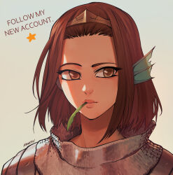 Rule 34 | 1girl, absurdres, armor, bangs pinned back, brown eyes, brown hair, chainmail, closed mouth, commentary, diadem, english commentary, expressionless, fins, hamatsu, head fins, highres, knight (ragnarok online), lips, looking at viewer, mouth hold, portrait, ragnarok online, short hair, solo, stalk in mouth, star (symbol)